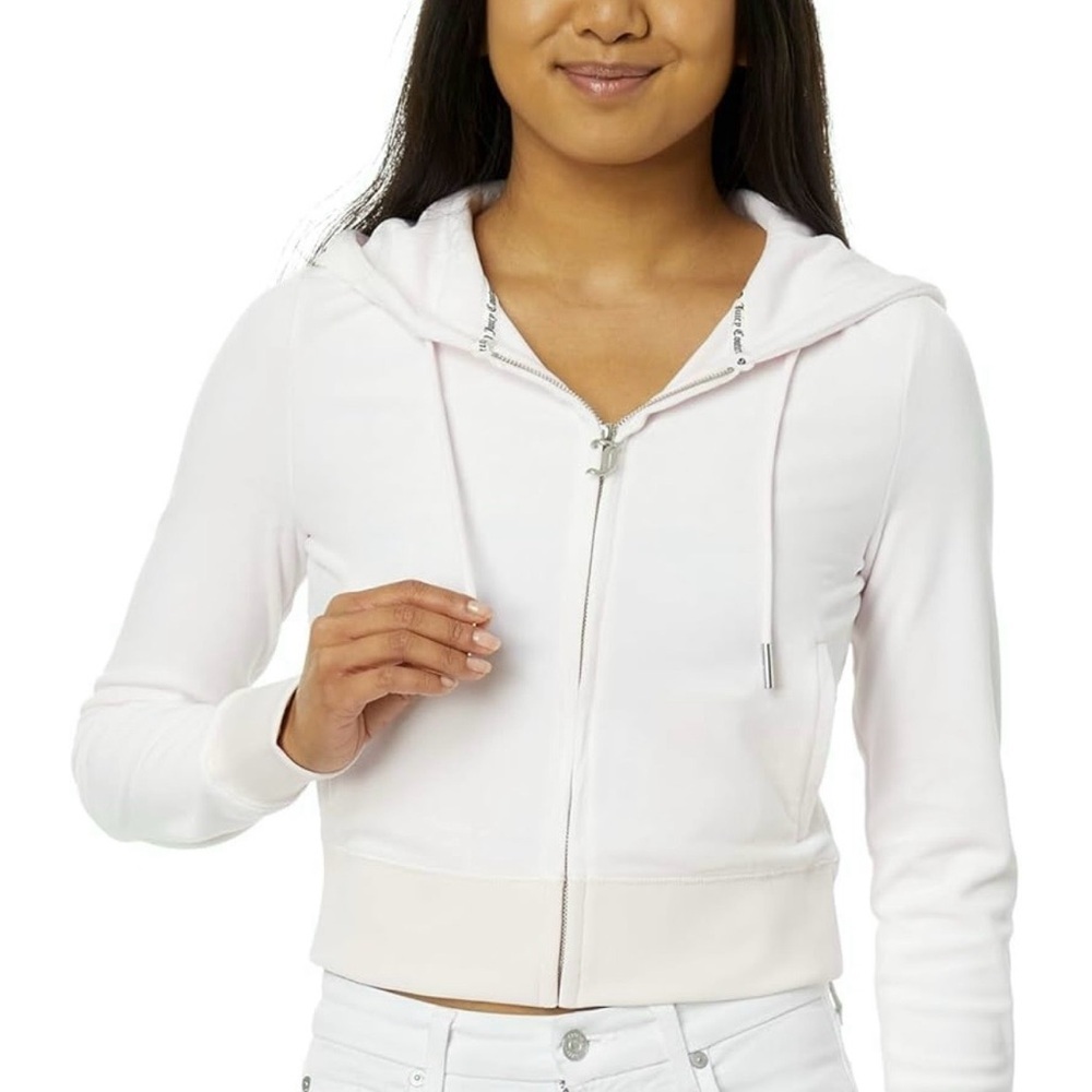 JUICY COUTURE Big Bling Velour Full-Zip Hoodie, Angel (White/Cream)